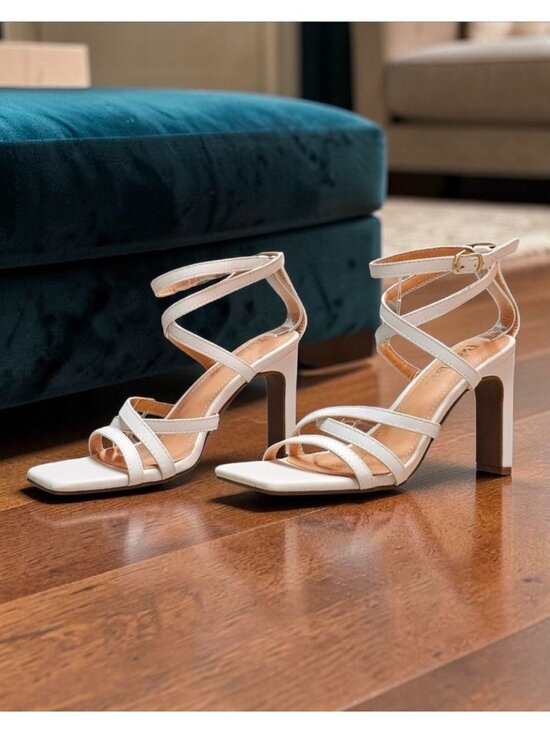 Bella Marie Shoes - White Strappy Square-Toe Block Heel Sandals With Ankle Straps